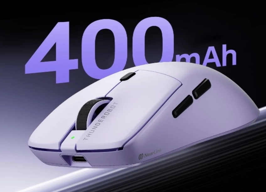 ML6PRO wireless gaming mouse highlighting its built-in 400mAh rechargeable battery.