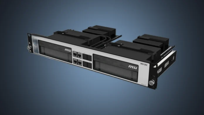 The isolated Racknex UM-MSI-201 rack mount kit holding two MSI EdgeXpert supercomputer units under a custom steel blue radial gradient spotlight.