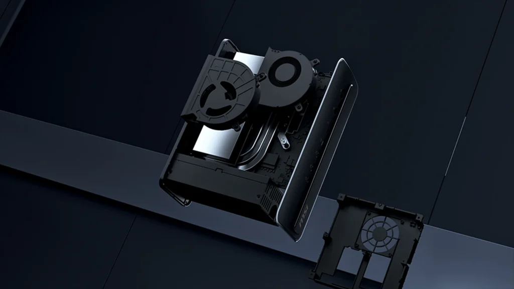 Internal cooling design schematic showing the dual fans and copper heat pipe configuration inside the MSI PRO MAX EDGE AI+ chassis.