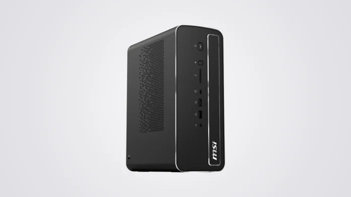Perspective view of the MSI PRO MAX EDGE AI+ desktop chassis on a premium light silver radial gradient background.