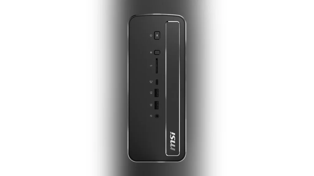 Top-front perspective render of the black MSI PRO MAX EDGE AI+ desktop chassis.