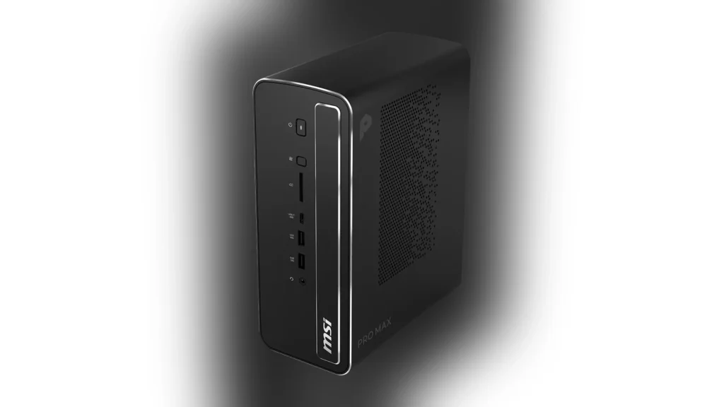 Top-front perspective render of the black MSI PRO MAX EDGE AI+ desktop chassis.
