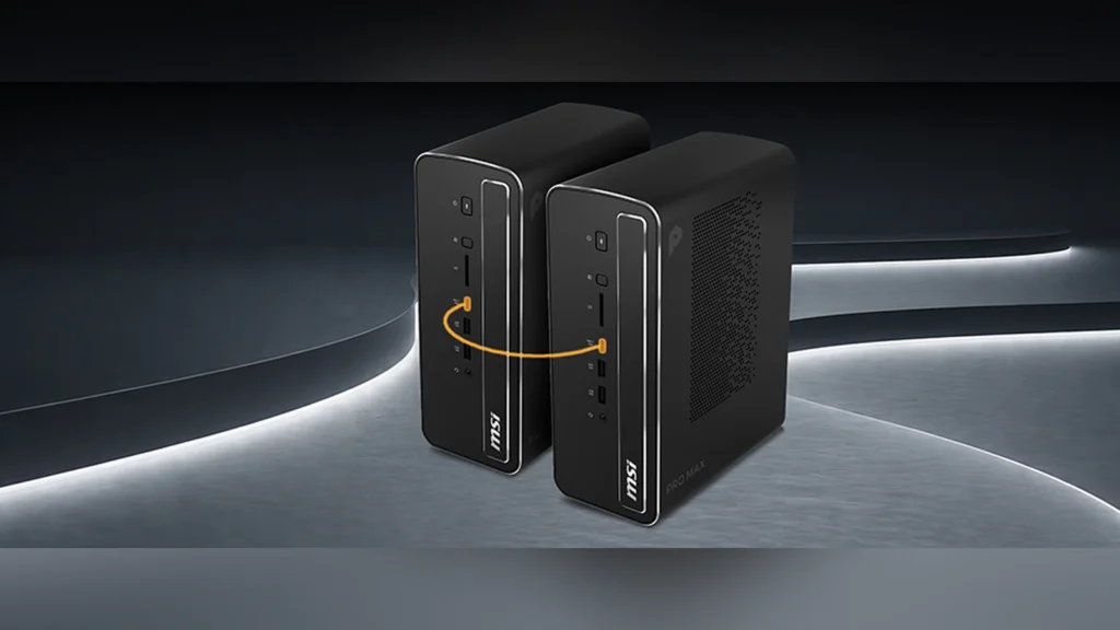 Two MSI PRO MAX EDGE AI+ desktops positioned side-by-side with an indicator link representing multi-system clustering.