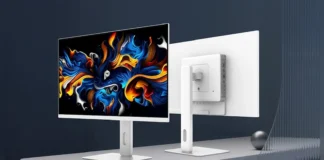 MSI Announces PRO MAX OLED 271UPJW12 Monitor Front and rear product views of the white MSI PRO MAX OLED 271UPJW12 monitor standing on a desk.