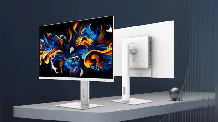 Front and rear product views of the white MSI PRO MAX OLED 271UPJW12 monitor standing on a desk.