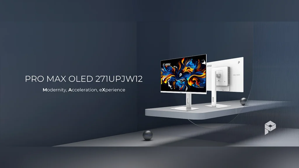 Wide banner view of the MSI PRO MAX OLED 271UPJW12 monitor with marketing slogans on a dark backdrop.
