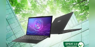 MSI Joins EPEAT 2.0 as Launch Partner with Silver Certified Laptop Front and back views of the MSI Prestige 13 AI+ Evo laptop displaying the EPEAT 2.0 Launch Partner badge.