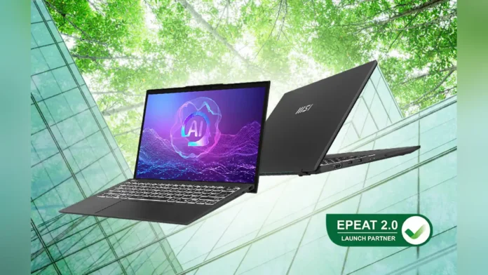 Front and back views of the MSI Prestige 13 AI+ Evo laptop displaying the EPEAT 2.0 Launch Partner badge.