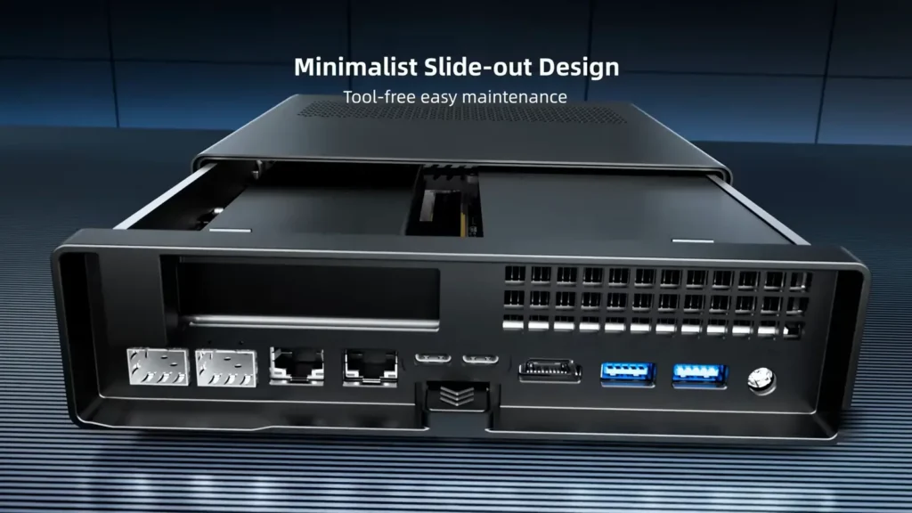 Rear layout showing extensive connectivity ports on the back panel of the Minisforum MS-03.