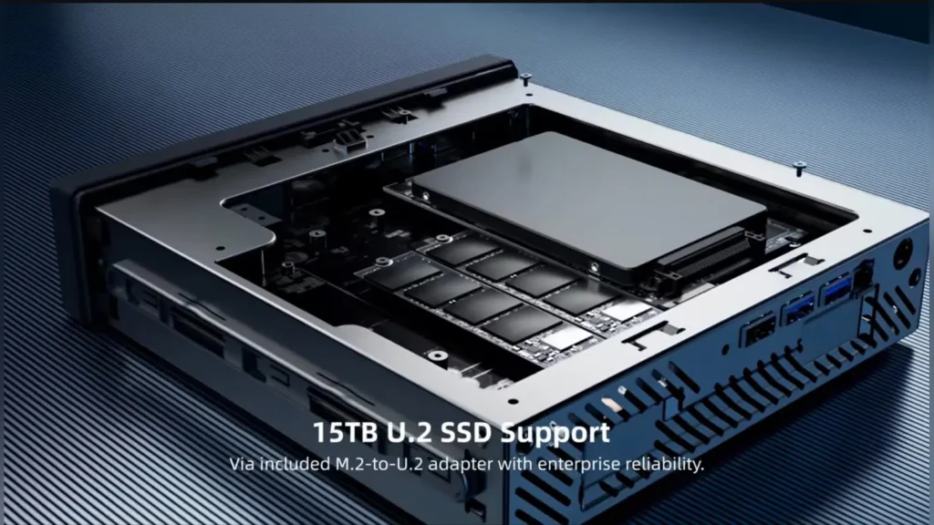 Internal drive tray of the Minisforum MS-03 showing a U.2 SSD enterprise storage module.