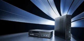 Minisforum Details MS-03 Panther Lake Workstation Mini PC Two black Minisforum MS-03 mini workstations shown vertically and horizontally against a blue graphics background.