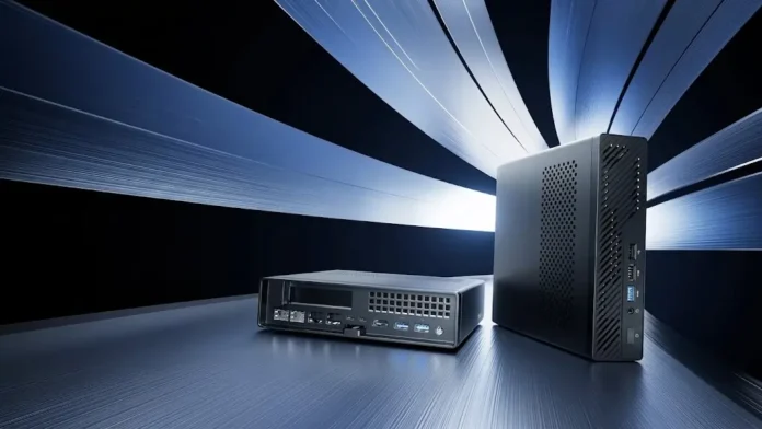 Two black Minisforum MS-03 mini workstations shown vertically and horizontally against a blue graphics background.