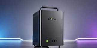 GMKtec Launches Neo-X1 14.6L Desktop With Ryzen 9 9955HX3D and RTX 5070 GMKtec NEO-X1 liquid-cooled mini gaming PC with front USB ports and carrying handle.