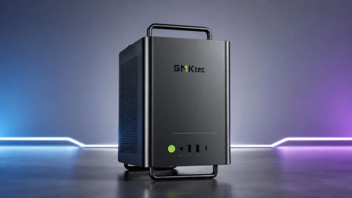 GMKtec NEO-X1 liquid-cooled mini gaming PC with front USB ports and carrying handle.