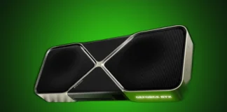 Seasonic Watts Calculator Lists NVIDIA GeForce RTX 5080 SUPER Front three-quarter product render of the isolated NVIDIA GeForce RTX 5080 graphics card on a custom green gradient spotlight background.