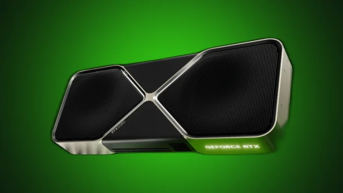 Front three-quarter product render of the isolated NVIDIA GeForce RTX 5080 graphics card on a custom green gradient spotlight background.