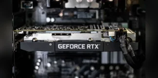 NVIDIA GeForce RTX 60 Graphics Card Launch Delayed to 2028 Close-up view of an NVIDIA GeForce RTX graphics card installed on a motherboard inside a desktop computer case.