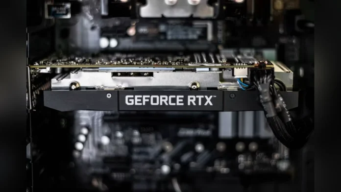 Close-up view of an NVIDIA GeForce RTX graphics card installed on a motherboard inside a desktop computer case.