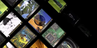 NVIDIA Announces 14 New GeForce Trading Cards Without GPUs Angled collage showing various NVIDIA GeForce Trading Cards including NV1, Chameleon, and Medusa on a black background.