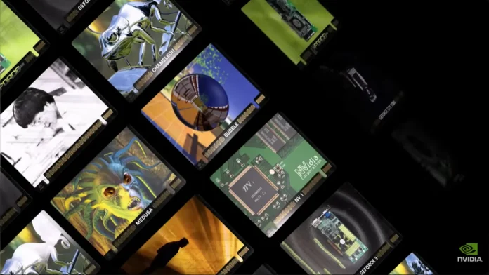 Angled collage showing various NVIDIA GeForce Trading Cards including NV1, Chameleon, and Medusa on a black background.