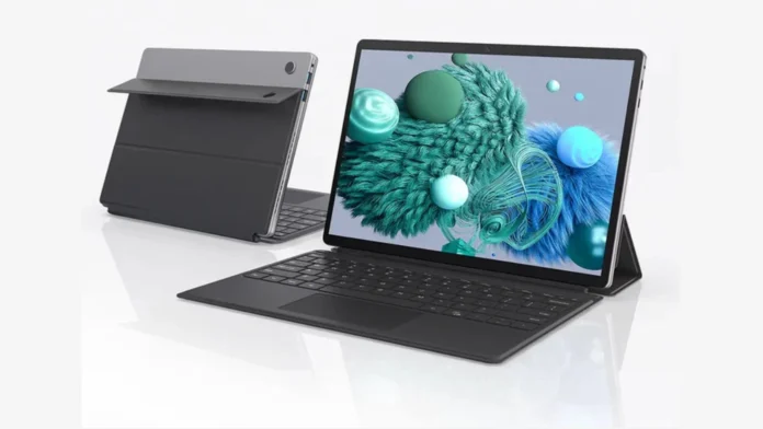 Ninkear S13 Neo Windows 2-in-1 tablet showing the screen side with magnetic keyboard attached (front) and the metal kickstand back casing (rear).
