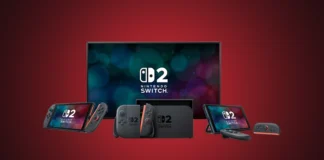 Nintendo Considers Switch 2 Launch with OLED Screen The isolated Nintendo Switch 2 mockup console family including Joy-Cons, dock, and TV, set against a custom dark red radial gradient spotlight.