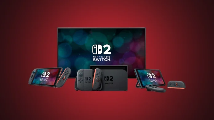 The isolated Nintendo Switch 2 mockup console family including Joy-Cons, dock, and TV, set against a custom dark red radial gradient spotlight.
