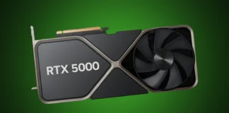 Nvidia rumored to launch cut-down GeForce RTX 5090 SE Front view of the isolated Nvidia GeForce RTX 5000 series style graphics card under a custom green radial gradient spotlight.
