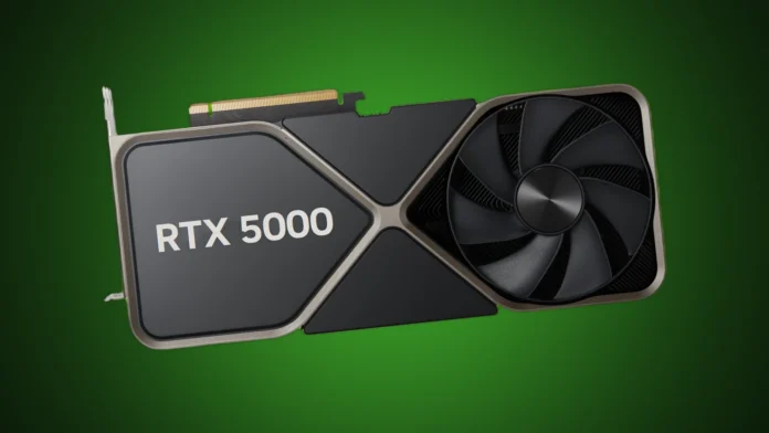 Front view of the isolated Nvidia GeForce RTX 5000 series style graphics card under a custom green radial gradient spotlight.