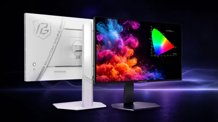Black and white editions of the ASRock Phantom Gaming PGO27QSA OLED gaming monitor.