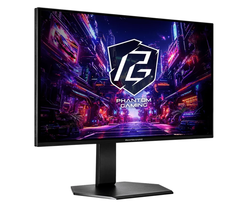 White edition ASRock Phantom Gaming PGO27QSA OLED gaming monitor viewed from the rear.