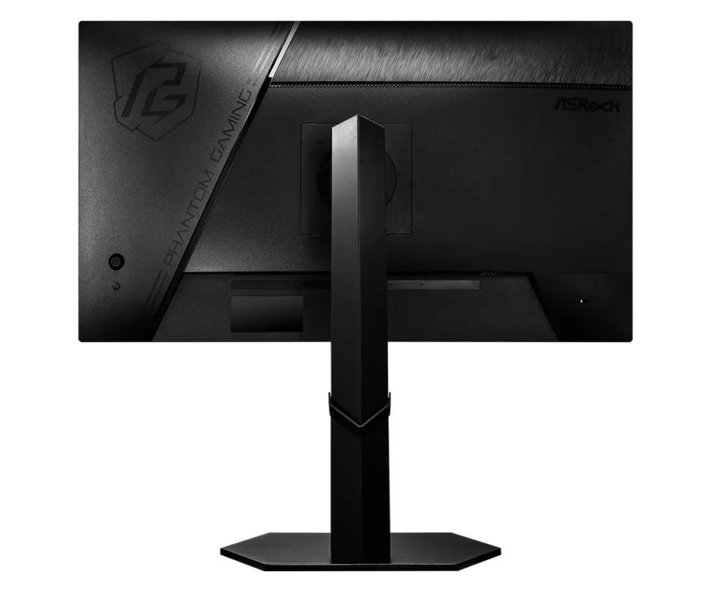 Rear view of the ASRock Phantom Gaming PGO27QSA 27-inch OLED gaming monitor with ergonomic stand.