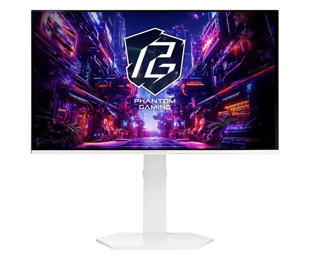 Front view of the white ASRock Phantom Gaming PGO27QSA 27-inch OLED gaming monitor.