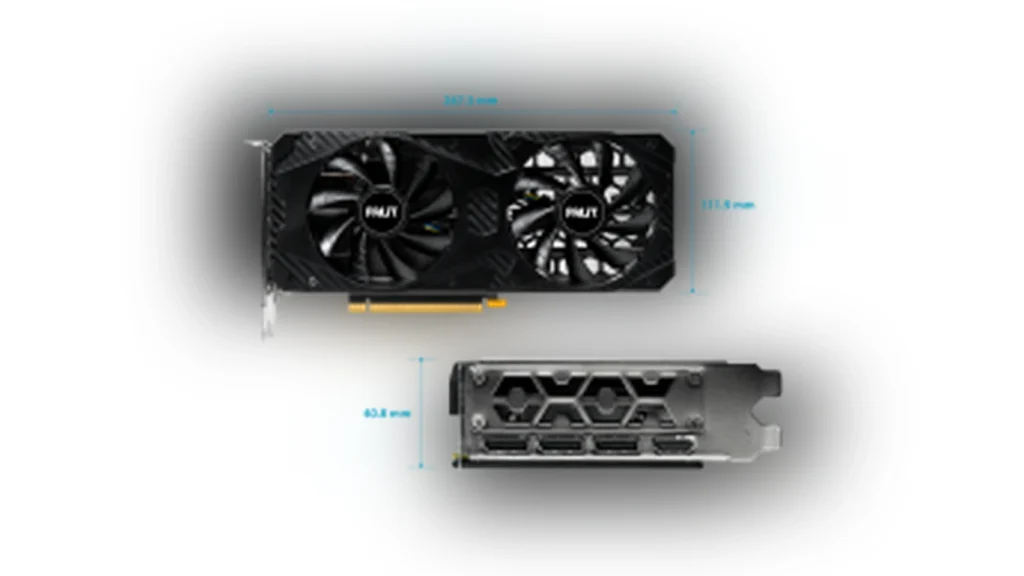 Detail view of the heatsink fins and cooling pipes on the Palit GeForce RTX 3060 Infinity 2 OC graphics card.