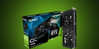 Palit Reveals GeForce RTX 3060 Infinity 2 OC Specifications The Palit GeForce RTX 3060 Infinity 2 OC graphics card and its retail box isolated on a premium green and charcoal radial gradient backdrop.