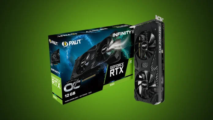 The Palit GeForce RTX 3060 Infinity 2 OC graphics card and its retail box isolated on a premium green and charcoal radial gradient backdrop.
