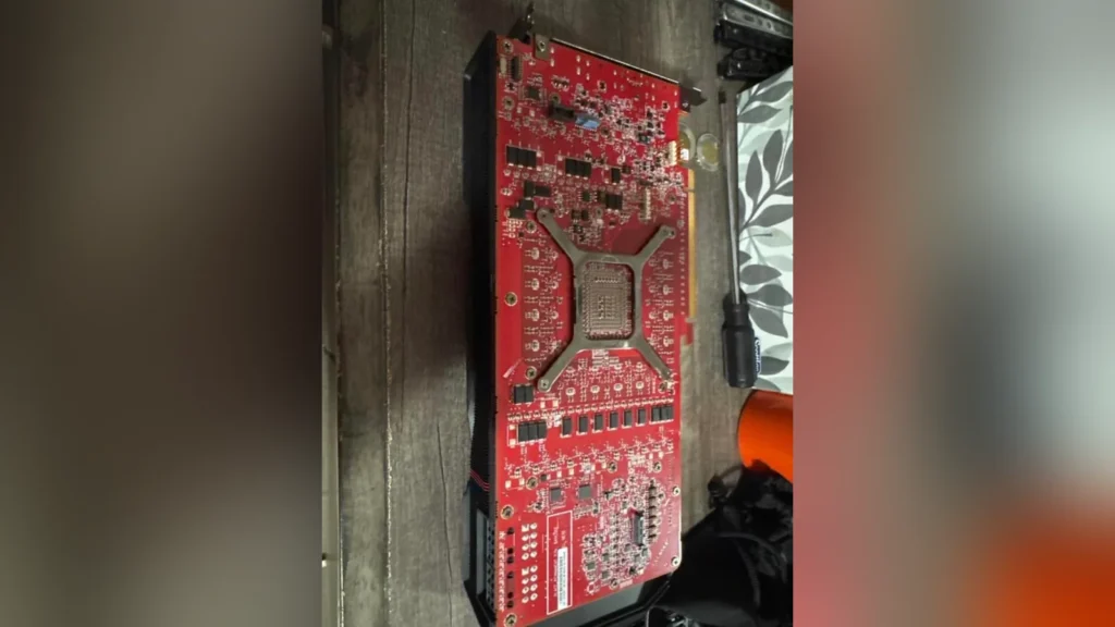Redditor Discovers Radeon RX 7900 XTX Engineering Prototype 2 Back layout of the red PCB AMD Radeon RX 7900 XTX prototype graphics card.