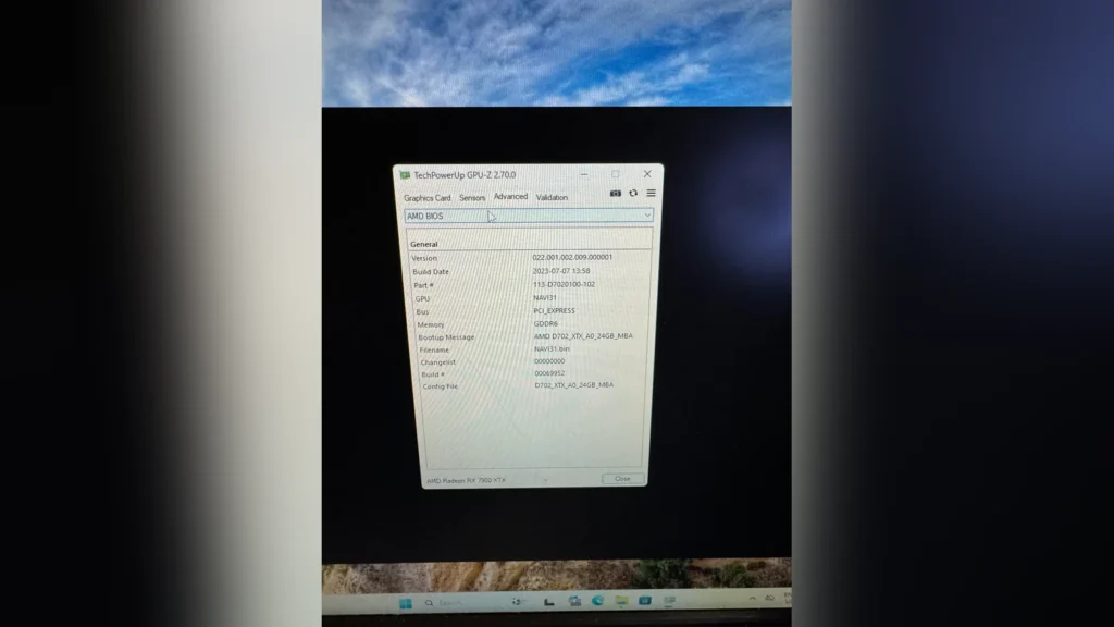 Redditor Discovers Radeon RX 7900 XTX Engineering Prototype 3 GPU-Z Advanced tab displaying BIOS details for the prototype graphics card.
