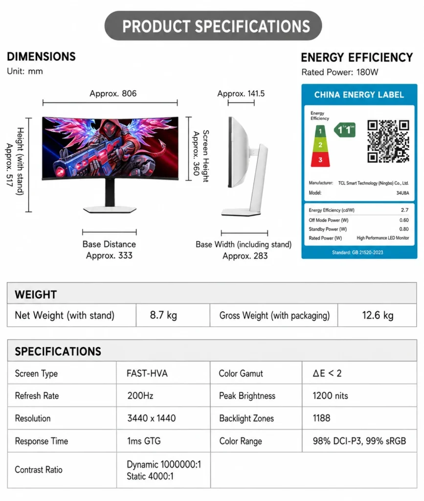 Thunderbird Launches 34U8A Q8 Upgrade Edition Ultrawide Monitor 2 Specifications sheet for the 34U8A Q8 Upgrade Edition showing dimensions, display specs, power rating, and weight.
