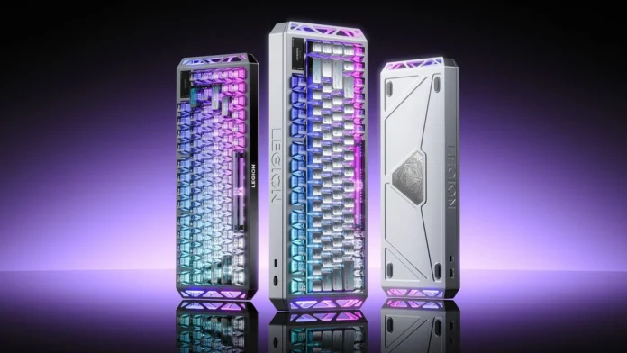 Lenovo Legion R7 RT75 mechanical gaming keyboard with transparent RGB keycaps and aluminum frame.
