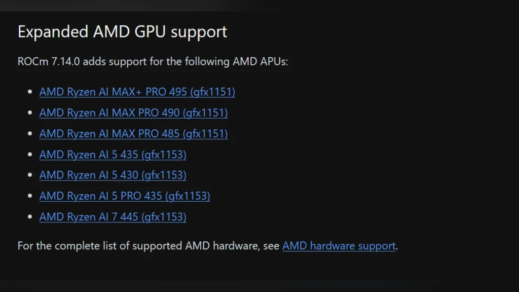 AMD Adds Ryzen AI MAX PRO 400 Support to ROCm 7.14 1 List of newly supported AMD APUs in the ROCm 7.14.0 release notes.
