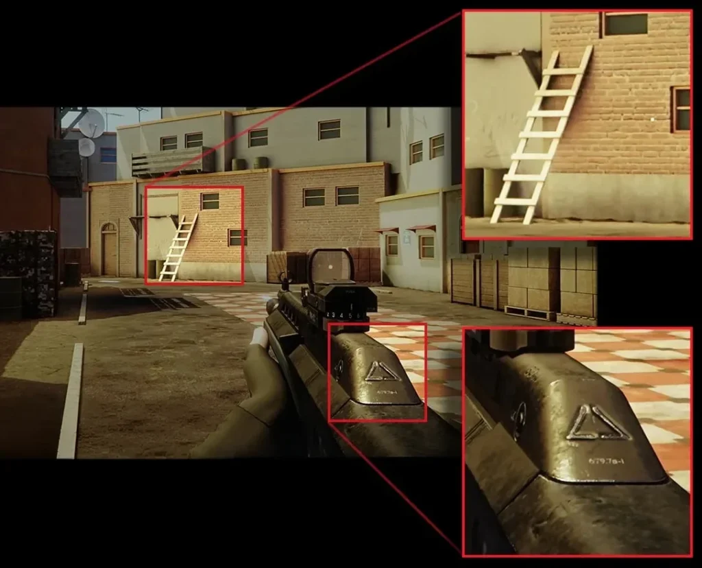 ASUS ROG Strix XG27UCMG demonstrating sharp 4K gaming visuals with detailed texture comparison in a first-person shooter.