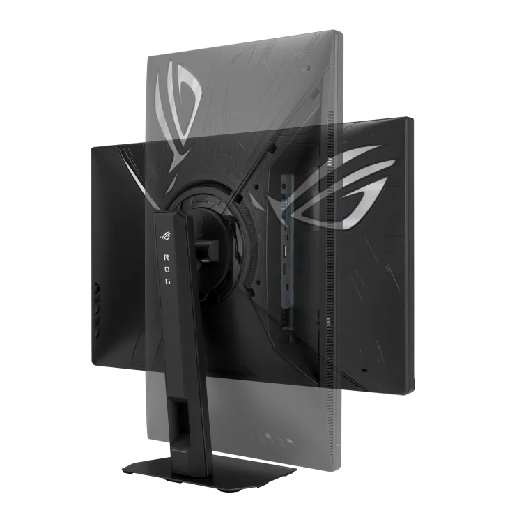 Rear view of the ASUS ROG Strix XG27UCMG gaming monitor showing the ergonomic stand, ROG branding, and rear connectivity.