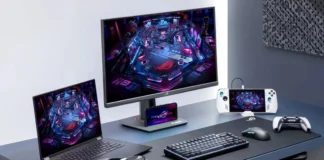 ASUS ROG Strix XG27UCMG Specs Confirm With 4K 240Hz, QHD 400Hz and FHD 488Hz Display ASUS ROG Strix XG27UCMG connected to a gaming laptop, smartphone, handheld gaming device, keyboard, mouse, and controller.