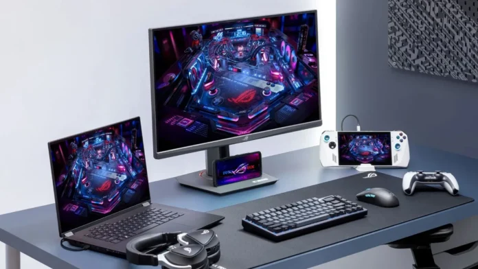 ASUS ROG Strix XG27UCMG connected to a gaming laptop, smartphone, handheld gaming device, keyboard, mouse, and controller.