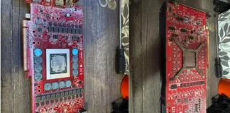 Redditor Discovers Radeon RX 7900 XTX Engineering Prototype Front and back views of a red PCB prototype AMD Radeon RX 7900 XTX graphics card.