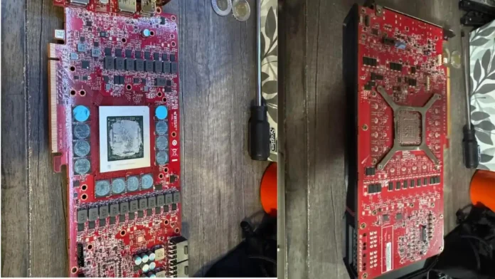 Front and back views of a red PCB prototype AMD Radeon RX 7900 XTX graphics card.