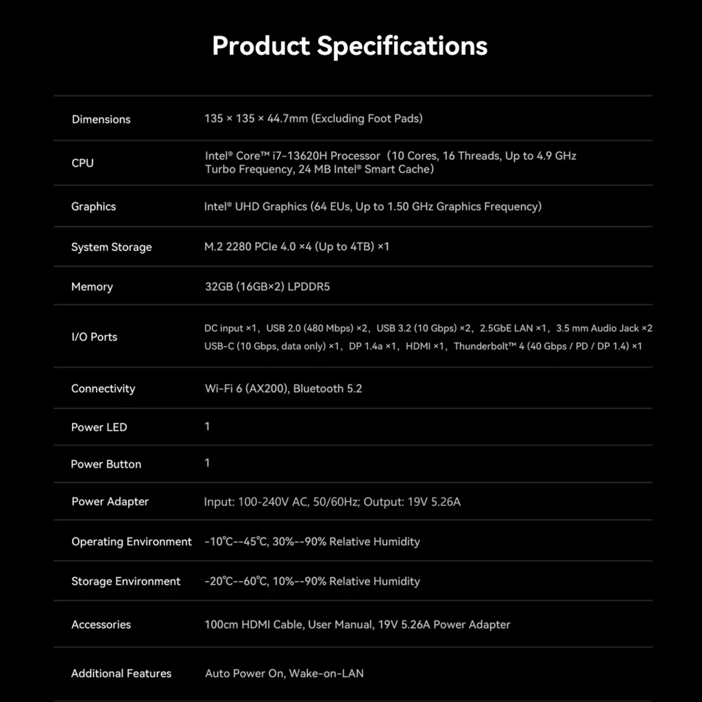 ZeroTech Releases SEi13 AI and SEi14 AI Mini PCs With 160 TOPS NPU 4 GMKtec SEi13 AI mini PC specifications featuring Intel Core i7-13620H processor, 32GB LPDDR5 memory, Intel UHD Graphics, PCIe 4.0 SSD support, Wi-Fi 6, and Thunderbolt 4 connectivity.