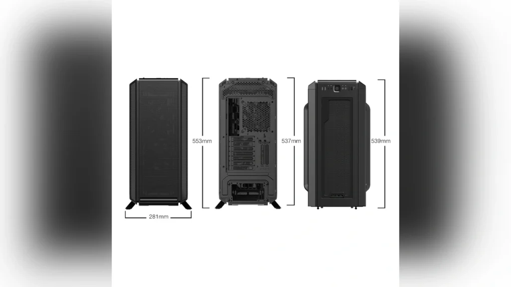 Front panel showing the mesh intake and ports of the Slimbook Nexus AI workstation case.