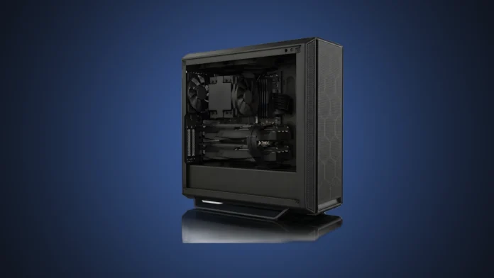 Front angled view of the isolated black Slimbook Nexus AI workstation chassis showing its internal components and dual GPUs on a steel blue gradient backdrop.